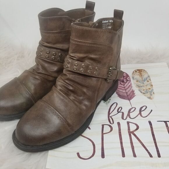 GLOBAL WIN BROWN FAUX LEATHER BOOTS. SIZE 8.5 - Picture 2 of 12